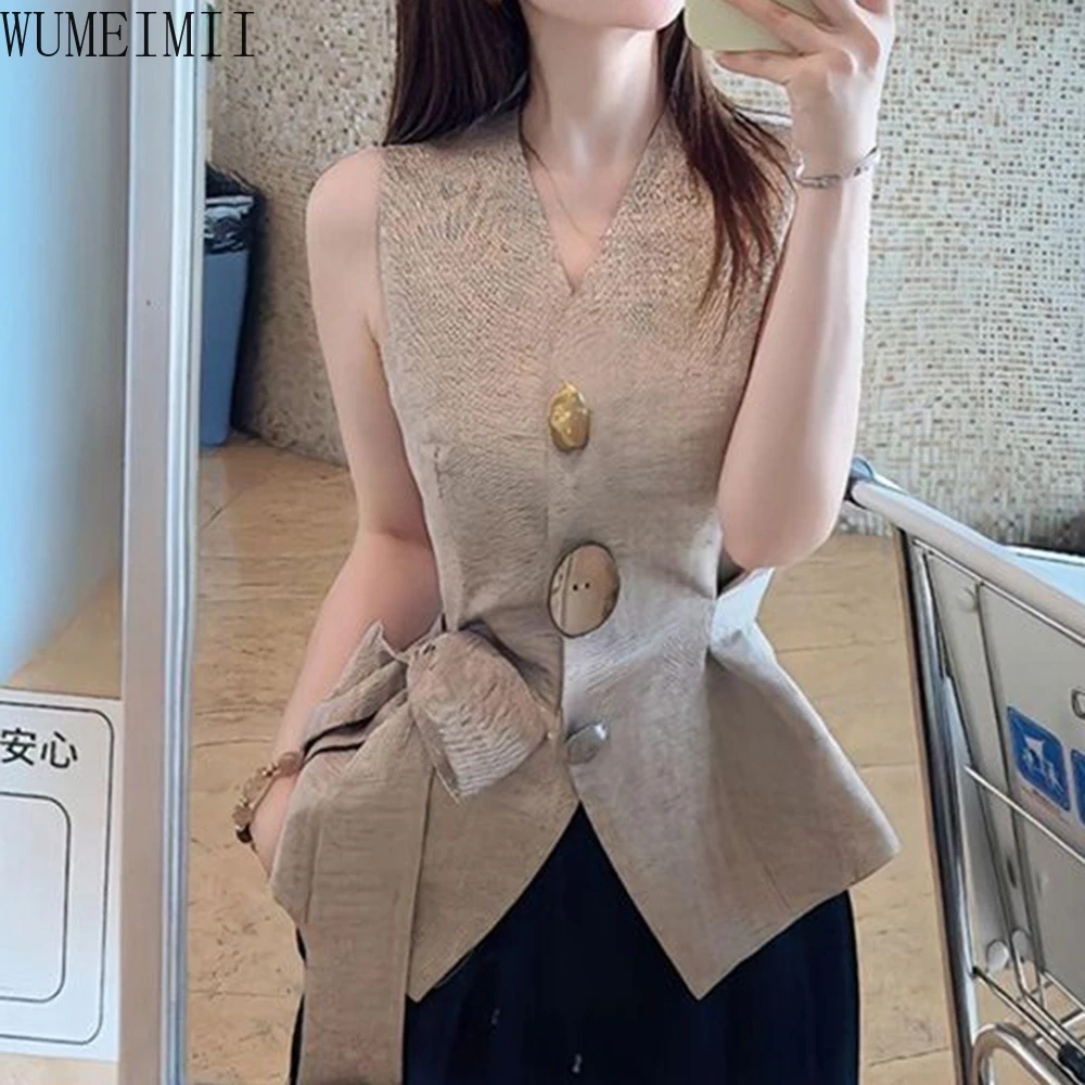 French light luxury old money style V-neck strap waist pinched sleeveless vest women's summer new waist thin top
