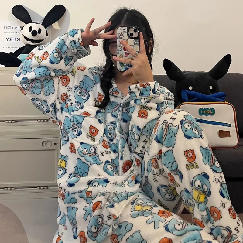 

New Sanrio Hanyodon Pajama Girl Winter Anime Cute Woman Clothes Warm Home Cartoon Kawaii Sleepwear Set Fashion Loungewear 2023