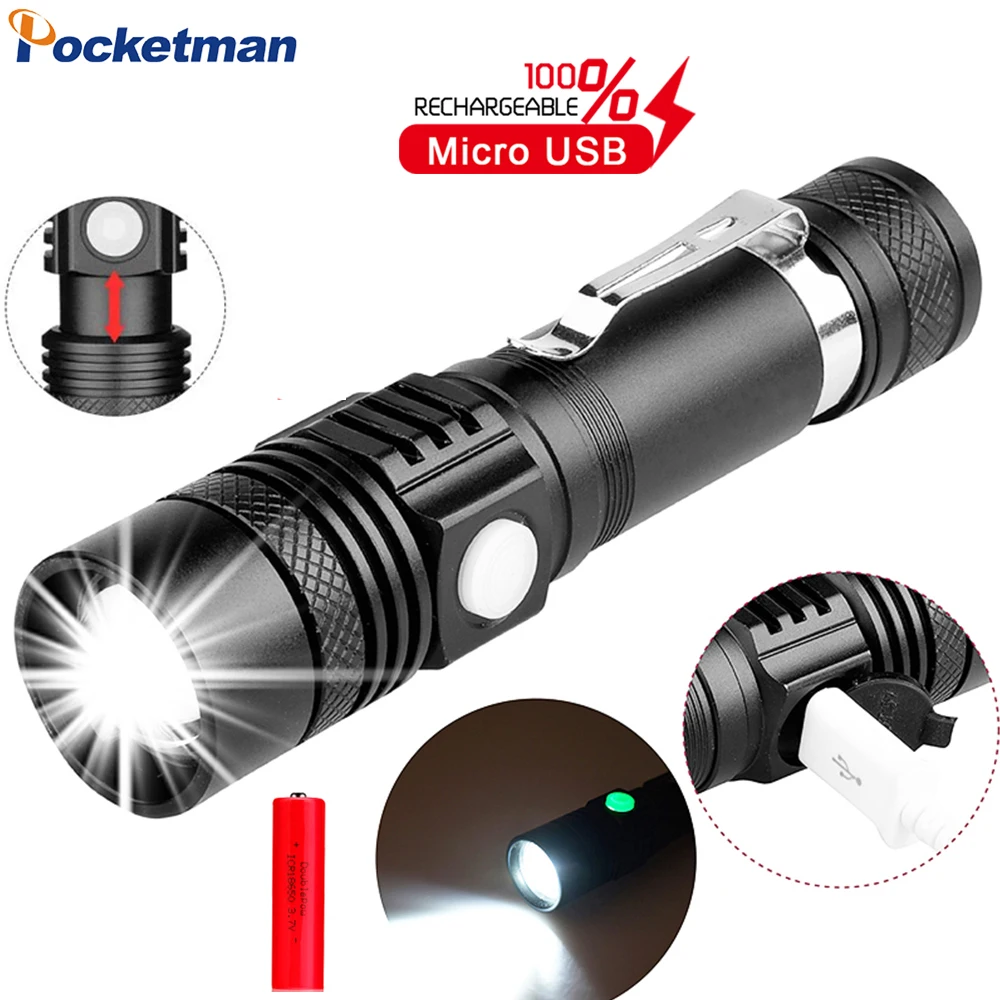 Ultra Bright LED Flashlight High Lumen 18650 Rechargeable Flashlights Waterproof Telescopic Zoom Torch Flash Light