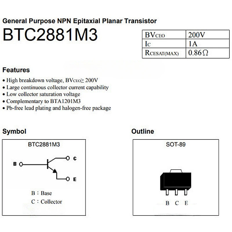 (10piece)BTC2881M3  BTC4672M3  SOT-89 PNP Universal Amplification Transistor Low Voltage MOSFET