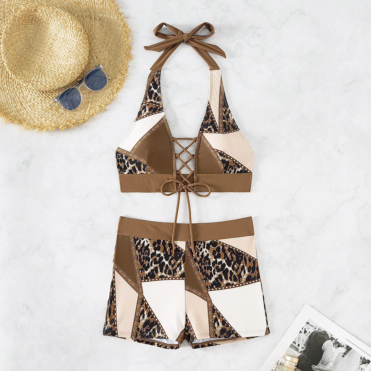 

Sexy High Waist Bikini Shorts 2025 Women Swimsuit Lace Up Swimwear Female Leopard Brown Bathing Suits Brazilian Biquini Beach