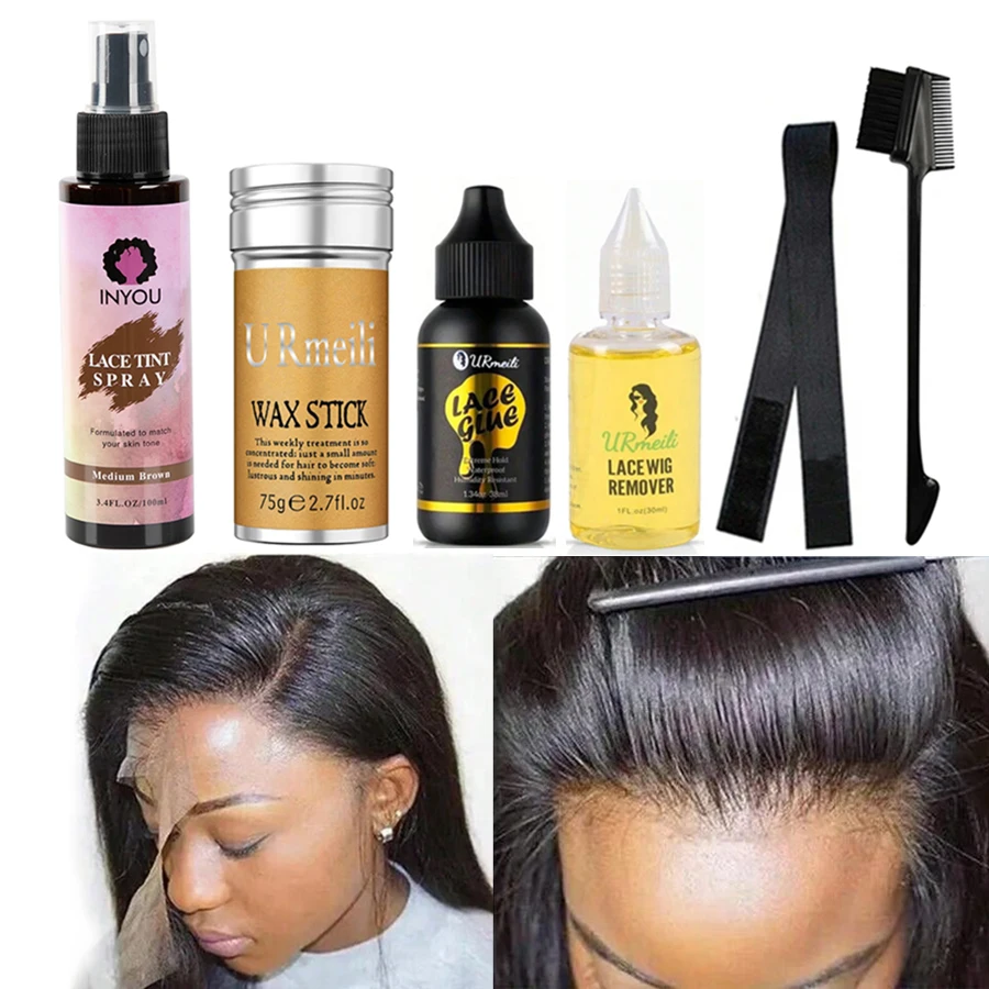 6Pcs Lace Wig Glue Kit with Lace Tint Spray Wig Installation Tool Set Includes Hair Wax Stick Lace Adhesive And Glue Remover