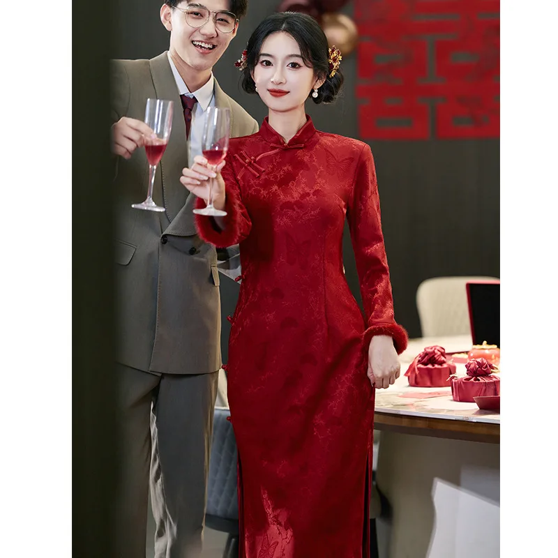 

Платье Cheongsam 2021, свадебный тост для невесты, с длинным рукавом, молодежная зима, новый стиль, помолвка, толстый красный жаккардовый Ципао