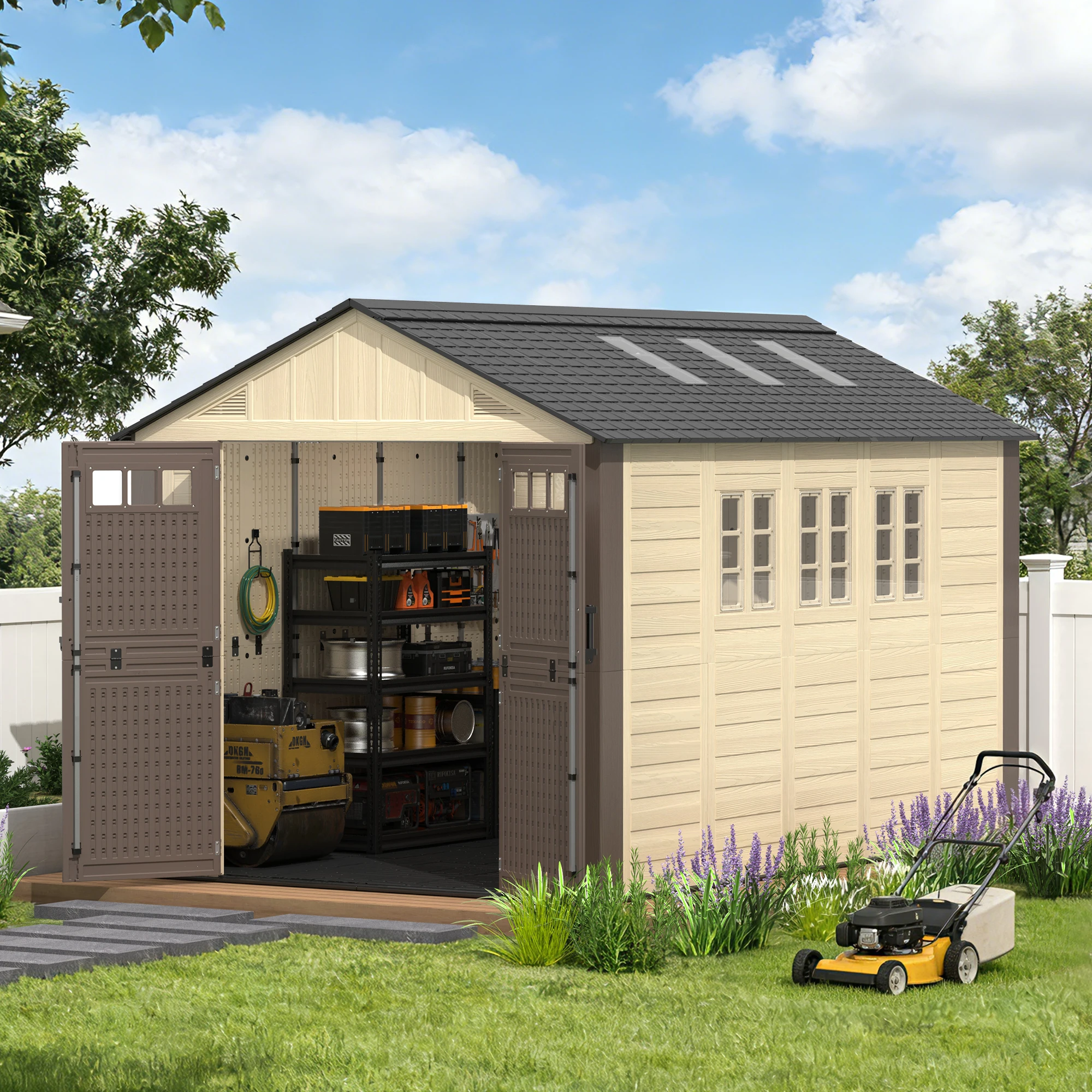 8 x 12フィートの樹脂製屋外収納庫、頑丈なスチールフレー - Heavy Equipment Storage Yard のレビューと価格