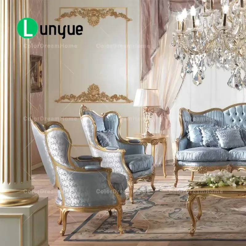 Luxury French Living Room Furniture Set Classic Blue Fabric Combination Sofa Solid Wood Frame Elegant Home Decor
