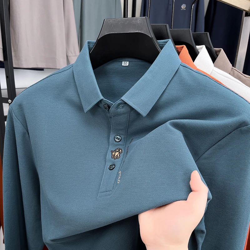 Original Design 100%cotton Man Long-Sleeved Polo Shirt Printing Lapel Seamless British Style Tops Autumn Hot Business Men's Wear