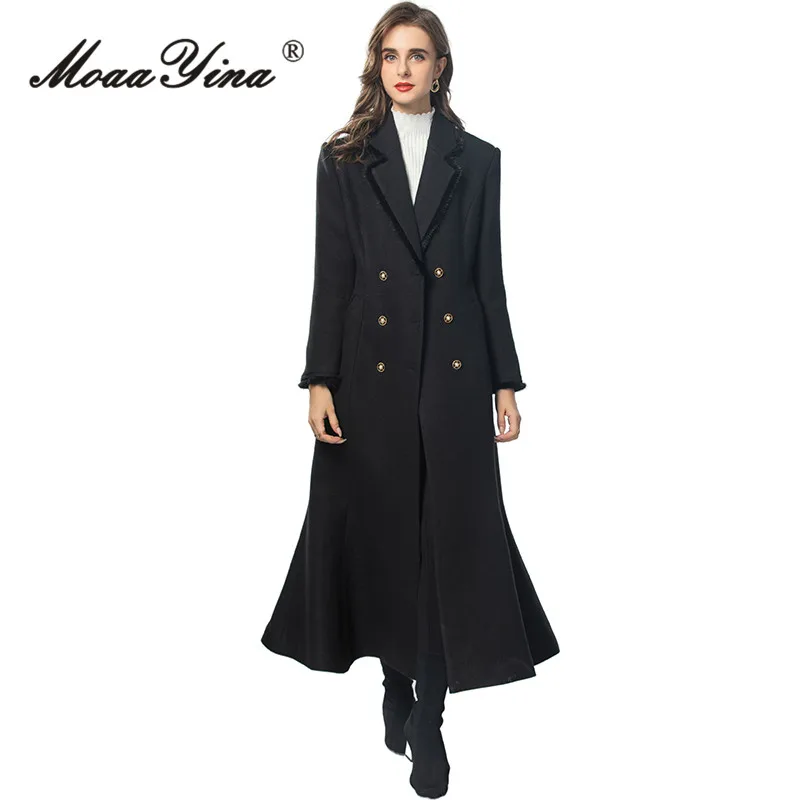 MoaaYina Autumn/Winter Designer Coat Women Notched Fashion Double breasted Long-Sleeved Black Slim Fit S-3XL Long Overcoat