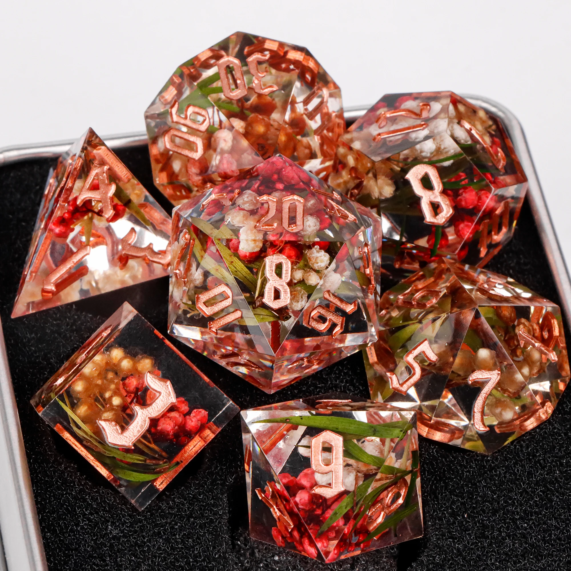 DND مجموعة نرد حافة حادة 7 قطع مجموعة نرد الراتنج مجموعة نرد متعدد السطوح لنرد الزنزانات والتنينات، مجموعة نرد D&D على شكل زهرة، نرد RPG