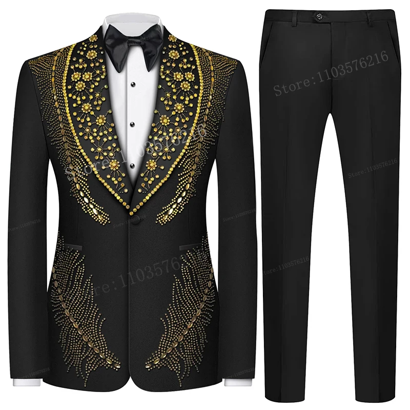 

Luxury Men's 2 Piece Slim Fit Tuxedo Set with Golden Bead Decoration One Button Wedding Groom Business Dinner Prom Suit