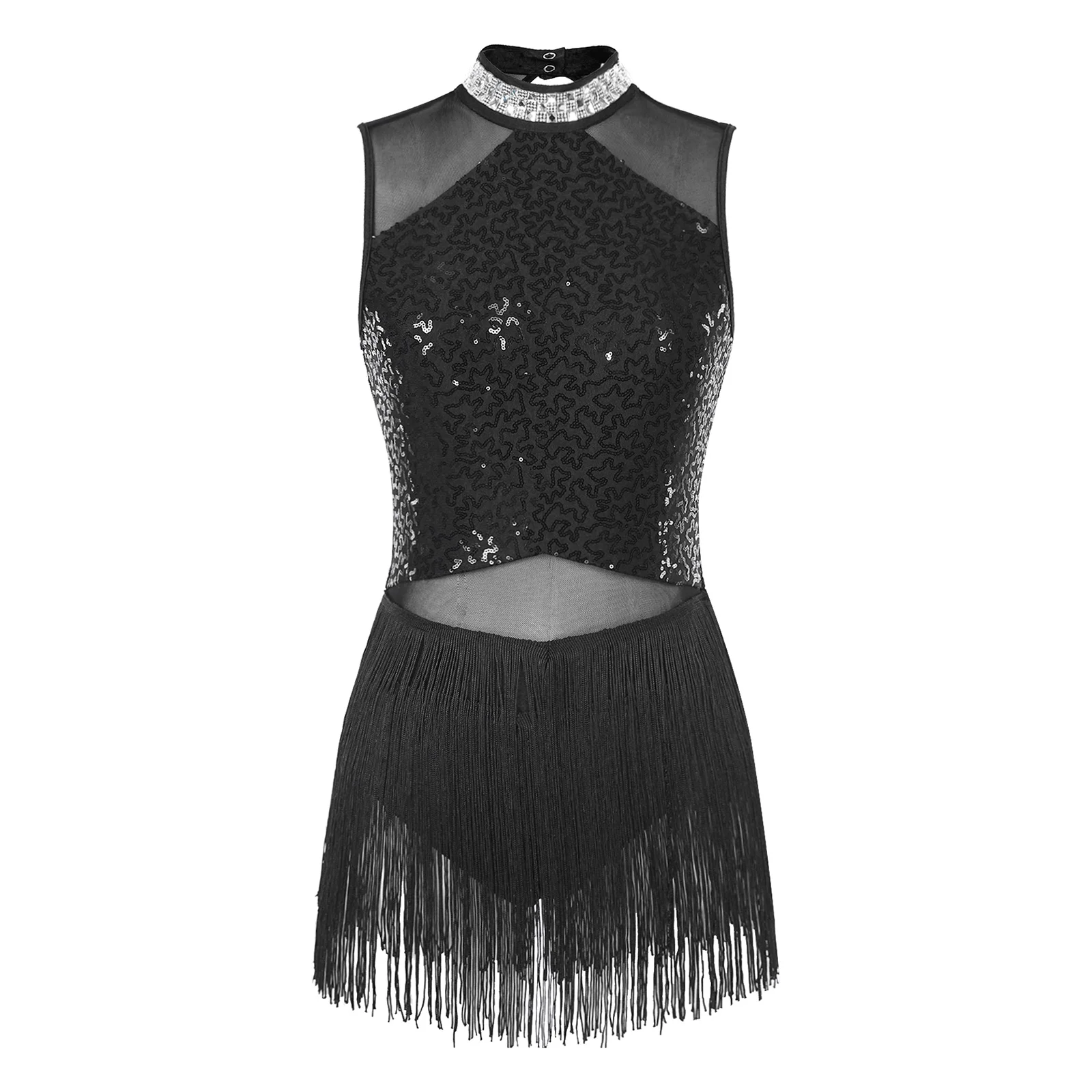 

Womens Glittery Rhinestone Artistic Skating Costume Rhythmic Gymnastics Collar Fringed Leotard Mesh Ballet Modern Dance Dress