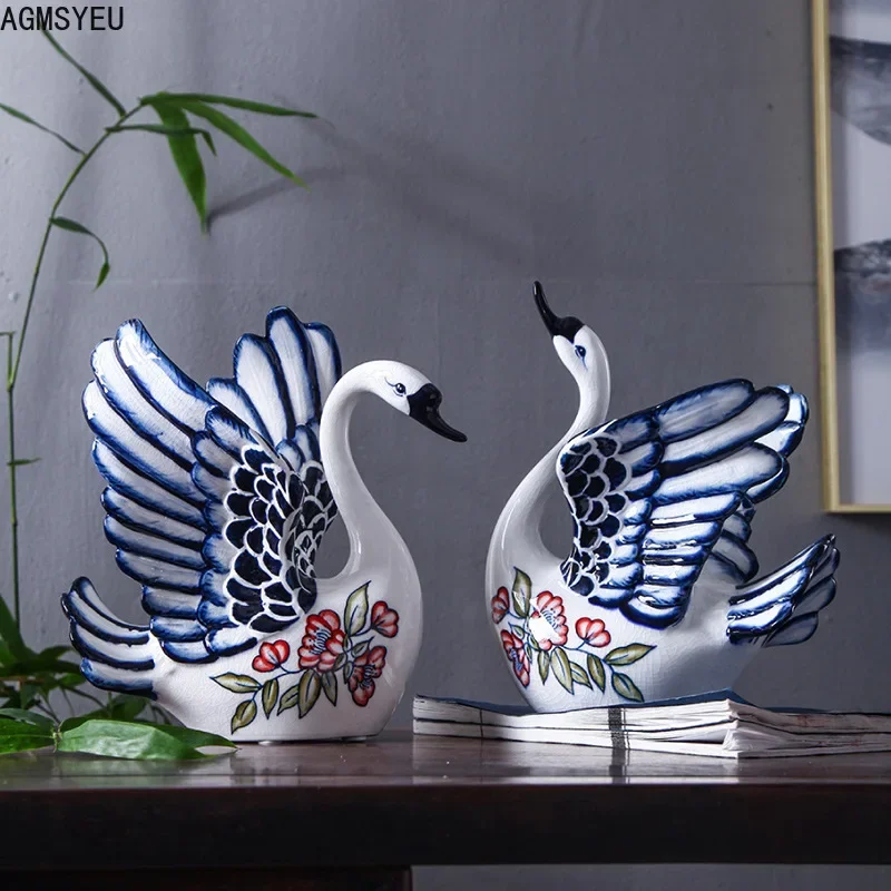 modern minimalist swan shape animal sculpture ceramic handicraft decoration company office living room desktop decor  2pcs/lot