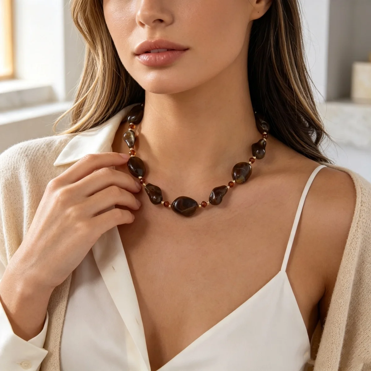 Vintage Unregelmäßige Braune Acryl-Perlenkette für Damen und Herren, Lässiger Minimalistischer Kristall-Abstandsperlen-Choker, Ins Ästhetischer Schmuck – Detail 8