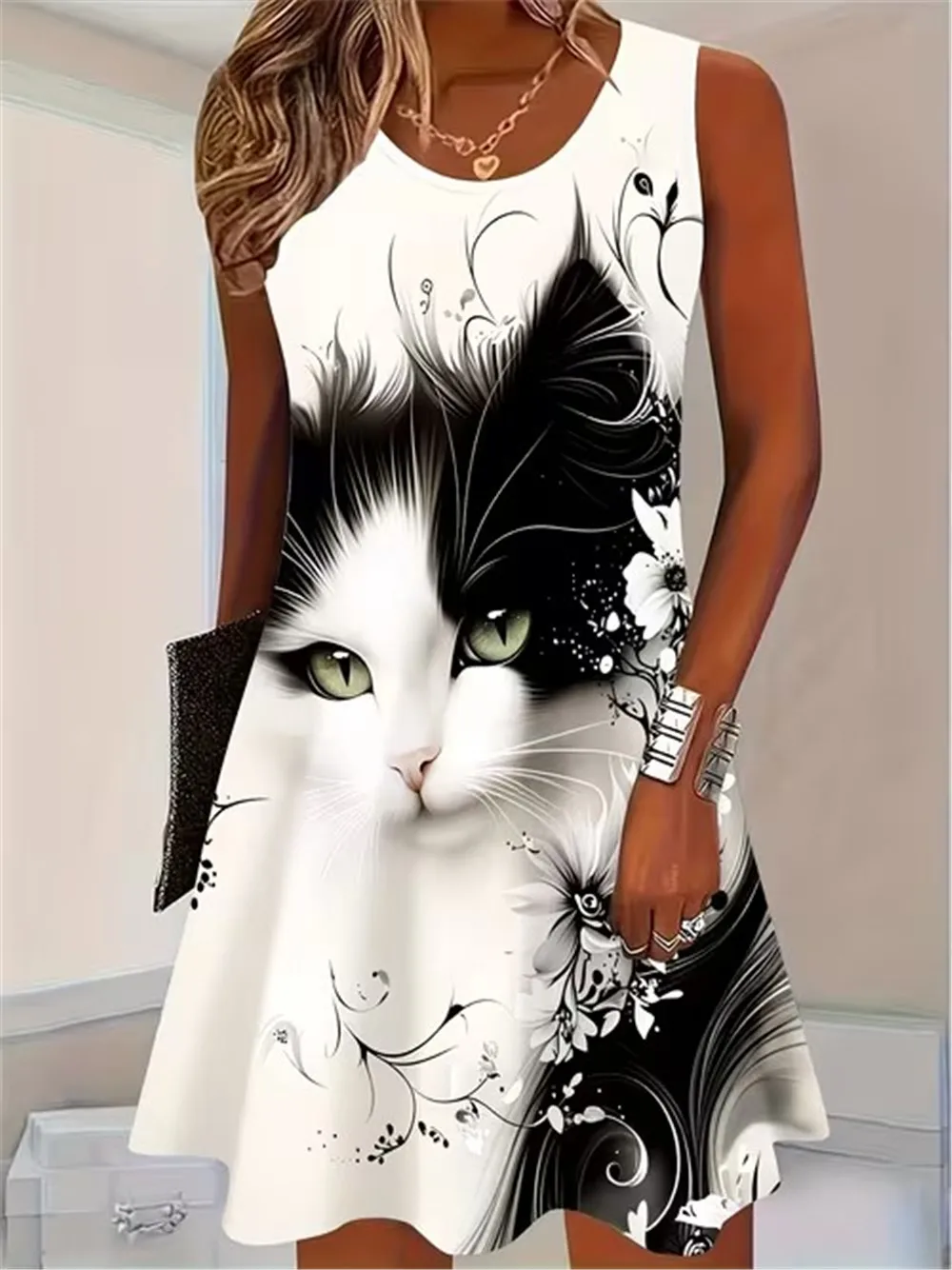 Fashion Cat Pattern Women Mini Dresses Summer Sleeveless 3D Printed Street Hip Hop Ladies Dress 3XL Plus Size Loose Casual Dress
