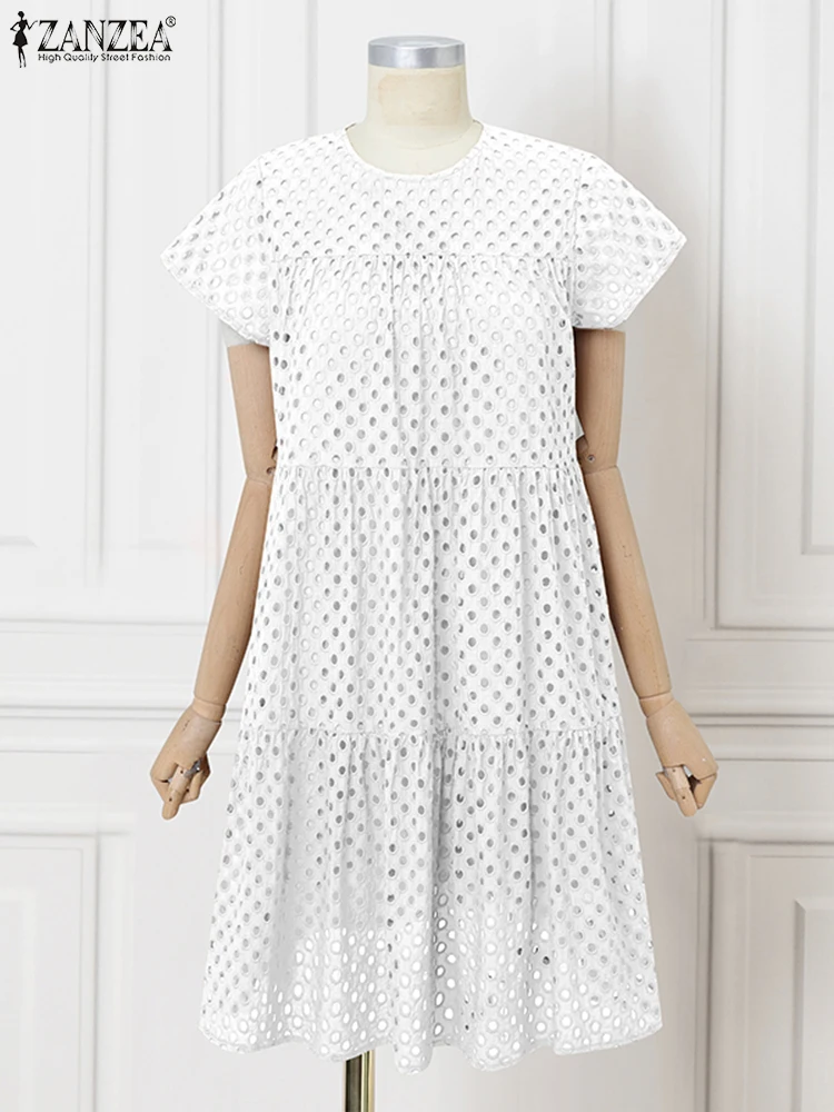 

ZANZEA Casual Lace Pleated Dress Women Summer Sundress 2025 Short Sleeve Knee-Length Vestidos Hollow Out Patchwork A Line Robe