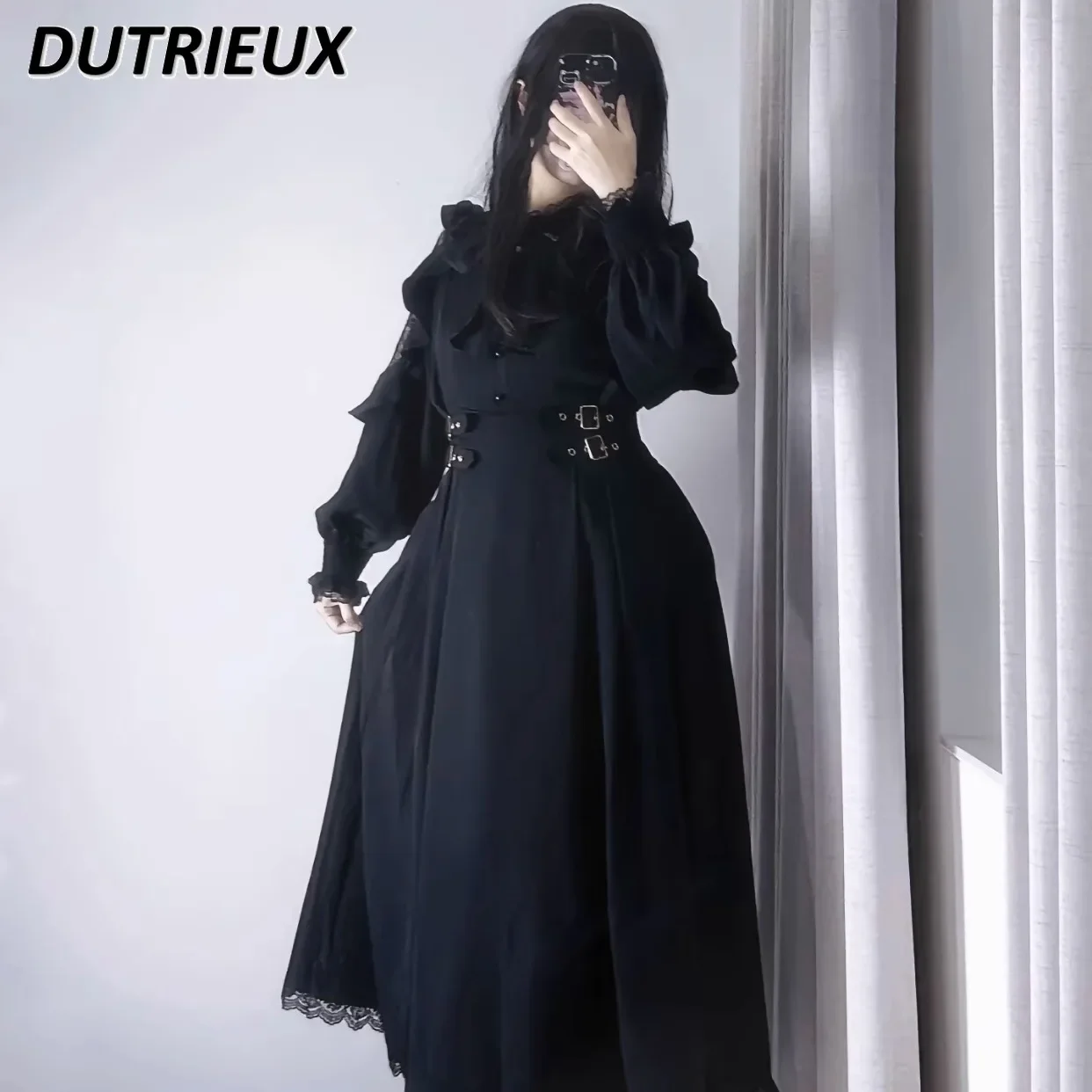 

Harajuku Japanese Dress Women Elegant Waist Slimming Temperament Ruffles Lace Off Shoulder Long Sleeve Maxi Dress Lolita Vestido