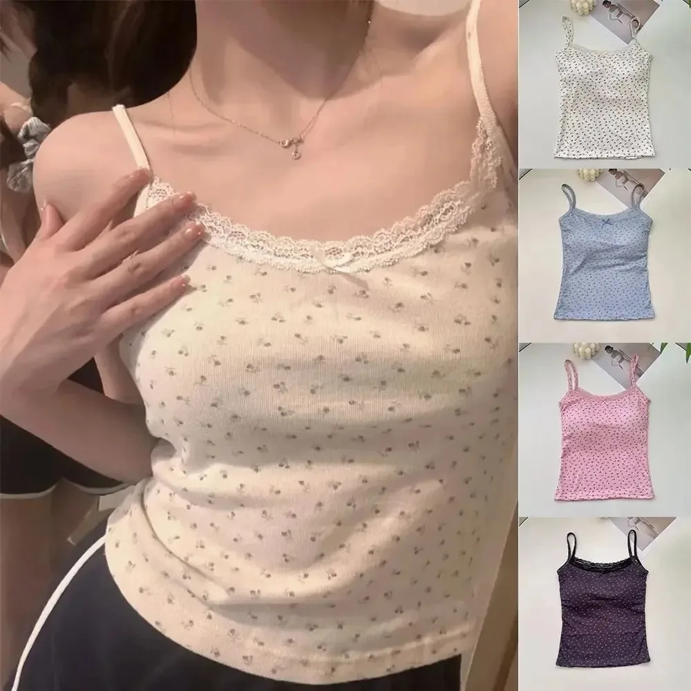 Elegant Lace Flower Print Camis 2024 Y2K Slim  Vest Floral Tops One Size Floral Tank Tops Spring