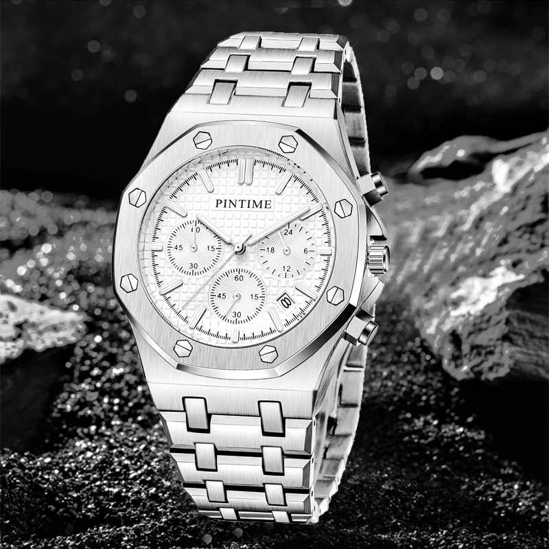 

PINTIME New Men Watch Features A Unique Octagonal Six Pointer Design With A Trendy And Fashion Style 30ATM Waterproof Men Watch