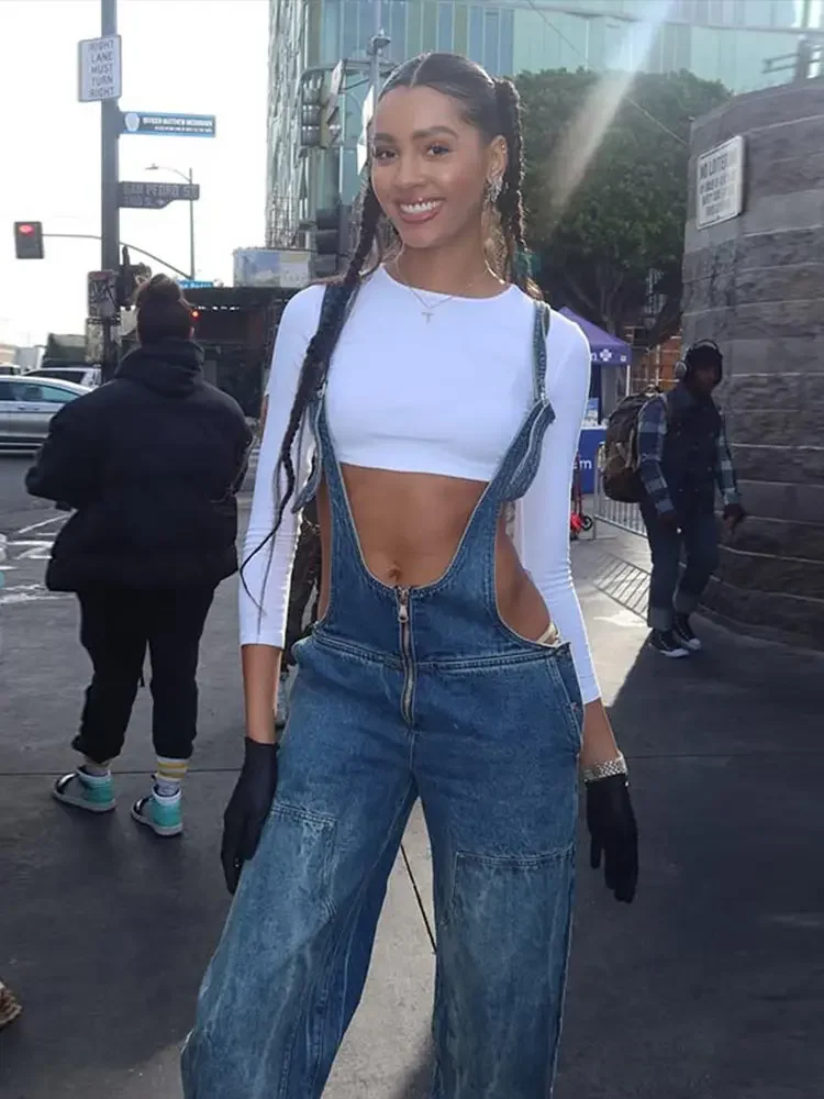 Women's 2025 Adjustable Straps Denim Overalls Exposed Zipper Detail Slant Pockets Utility Jumpsuit Streetwear Chic Stretch Fit