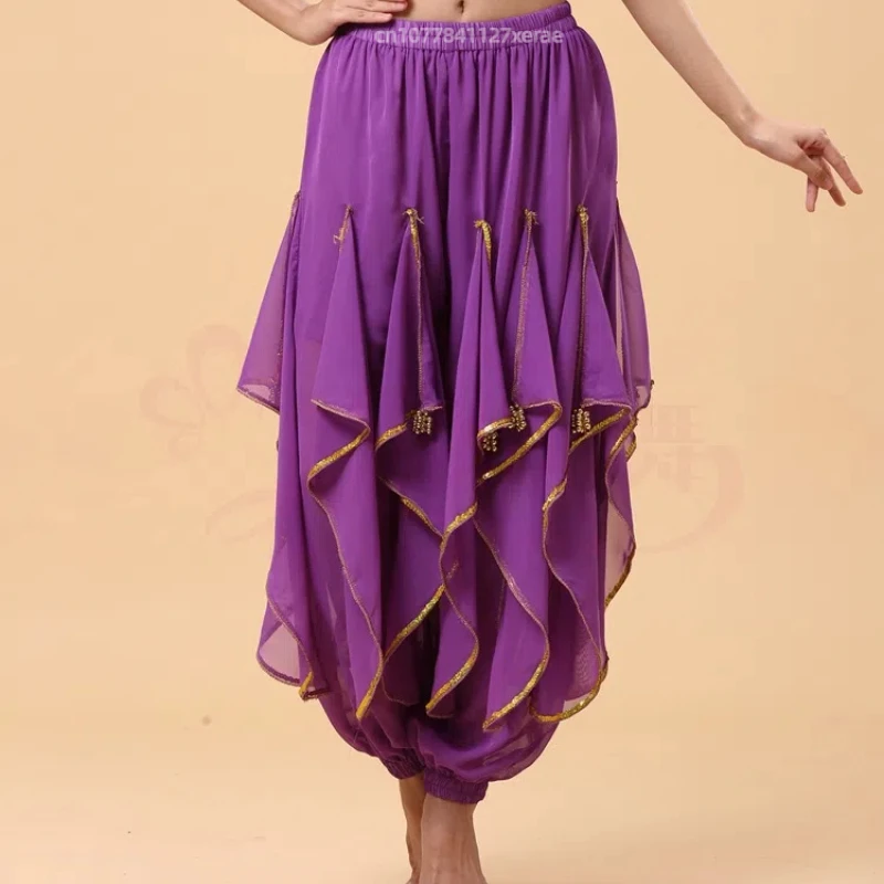 Spettacolo di costumi di danza indiana per adulti, nuovo vestito per la pratica della danza del ventre, pantaloni rotanti con bordo dorato in chiffon per praticare le abilità