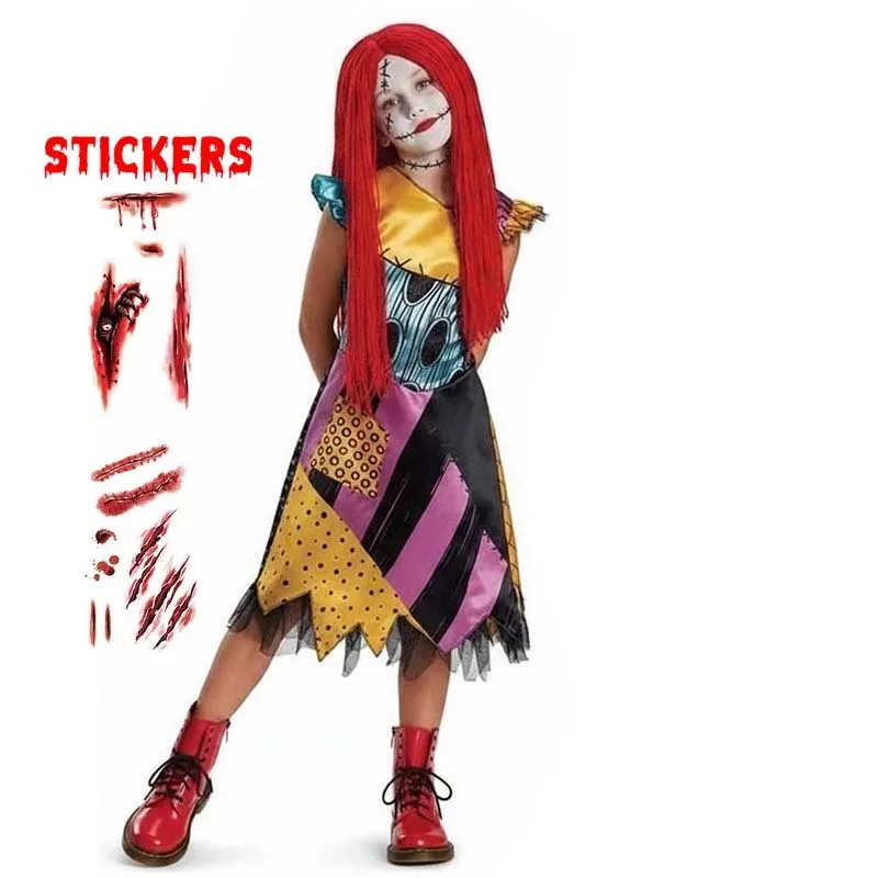 Halloween Kids Jack Sally Skeleton Character Cosplay Costume Boys Girls Striped Jumpsuit Patchwork Dress Party Outfit Mask Set