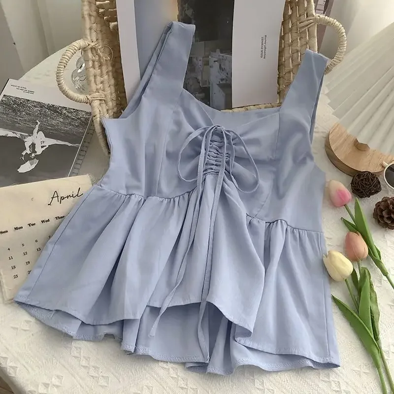 Nice Femme Summer Fashion Simplicity Drawstring Solid Color V-neck Sleeveless Women Clothes Simplicity All-match Vintage Slim Ta