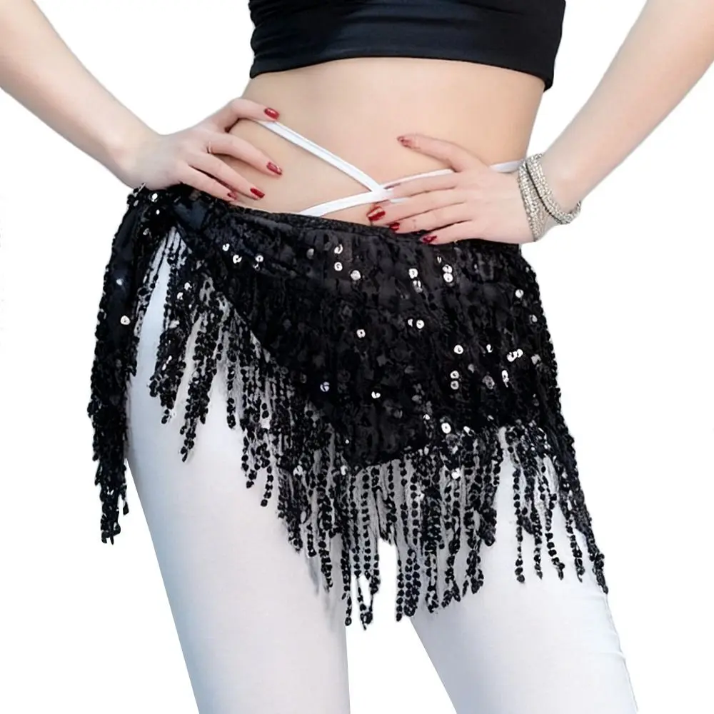Moda borla dança do ventre hip cachecol lantejoulas boêmio feminino cinto saia dançarina mostrar trajes