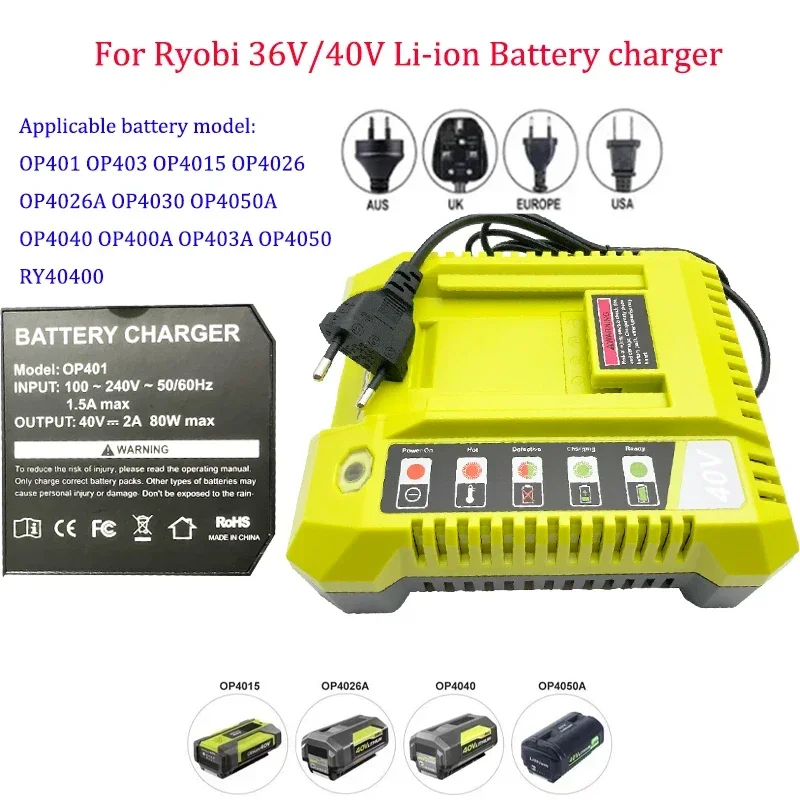 40V Battery Charger for Ryobi 36V-40V Lithium Li-ion Battery Fast Charging For OP4030 OP4040 OP4050 OP400A With Dual USB Port