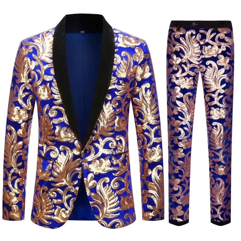 

European Size (Blazer + Trousers) Men's Suit Fashion Excellent Blue Velvet Gold Sequin Suit Wedding Groom Dress 2 Piece Set