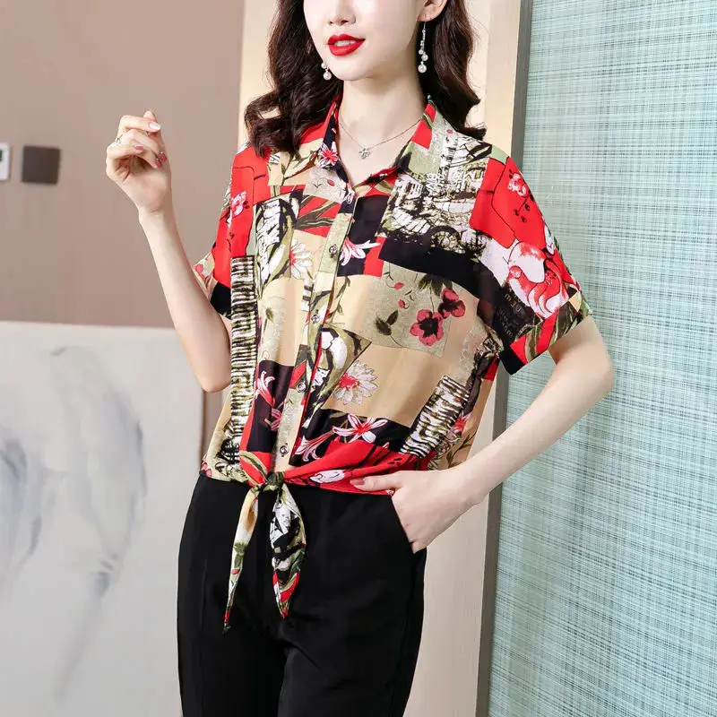 Vintage Printed Fashion Single-breasted Shirt Summer Turn-down Collar Female Clothing Short Sleeve Casual Bandage Loose Blouse