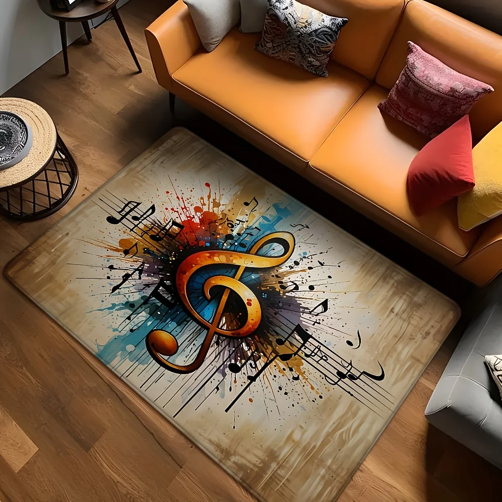 1pc Splatter Art Music Note Rug, Faux Wood Grain Background, Washable Knit Weave, PVC Backing, Machine Made, Drum Set Area Mat
