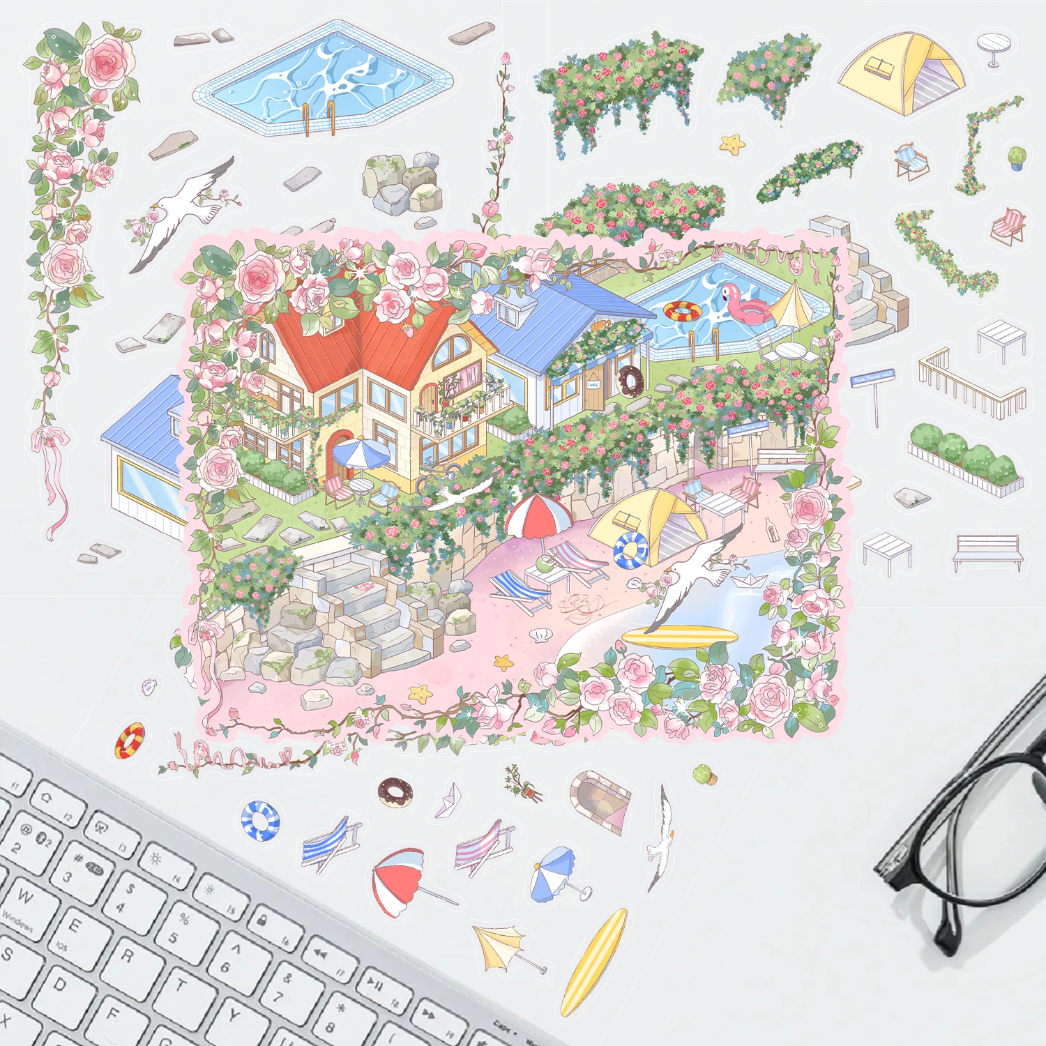 2/3 قطعة ساحل الورد ، ملاحظات حساء السلحفاة ثلاثية الأبعاد ملصقات المناظر الطبيعية المشهد التراص البصرية ملصقات ثلاثية الأبعاد هدية للأطفال