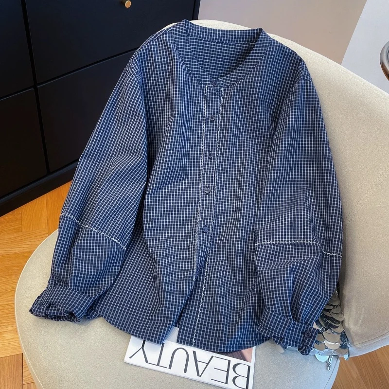 

Vintage Women's Blouses Plaid Casual Shirts Fashion Loose Summer French Clothing Long Sleeved Embroidery Women Tops