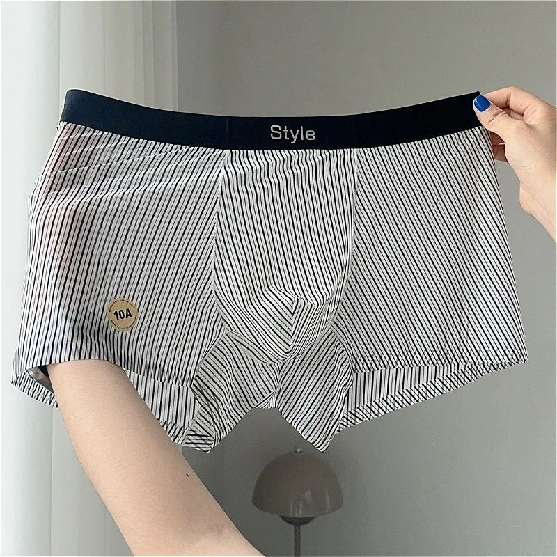 

Striped Ice Silk Men's Boxer Shorts U Convex Pouch Underwear Ultra-thin Soft Male Panties Briefs 2025 Sleep Bottom Шорты Мужские