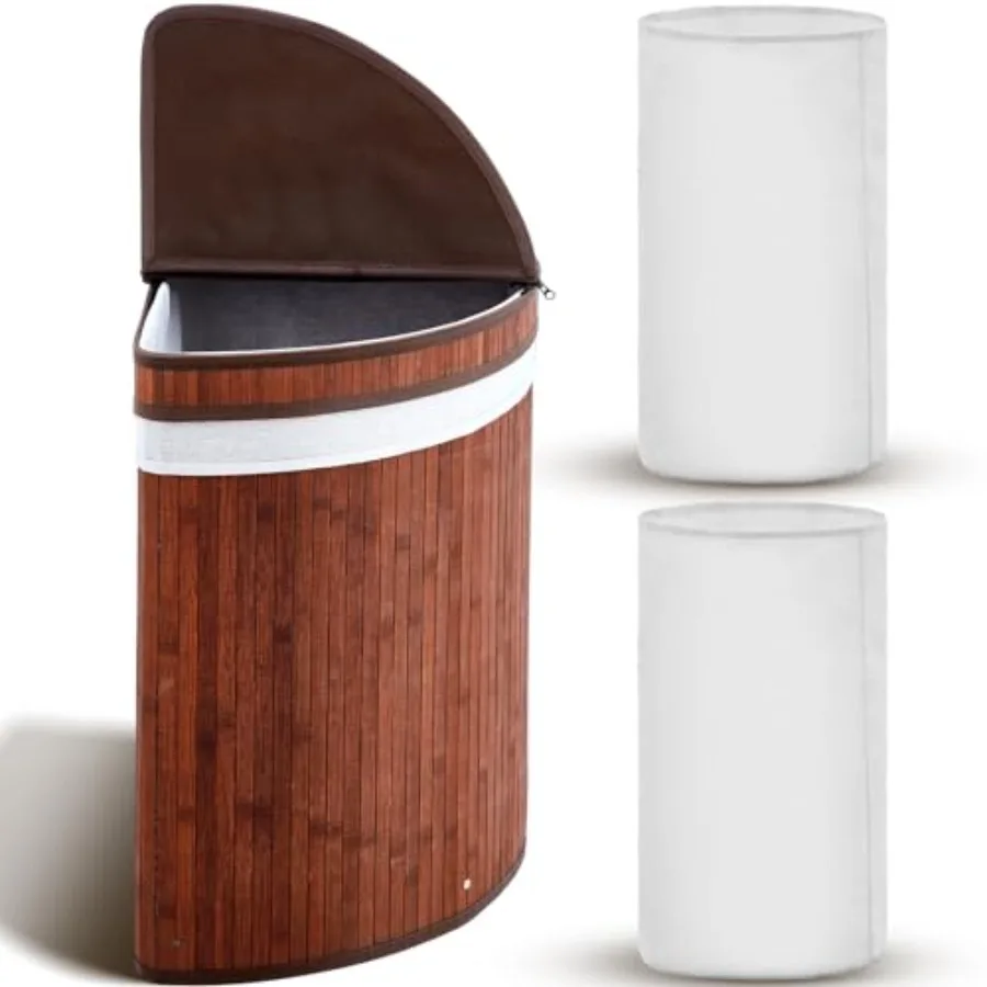 

Угловая корзина для белья с крышкой и 2 съемными тканевыми вкладышами, бамбуковая угловая корзина для белья, складная корзина для одежды, контейнер для хранения