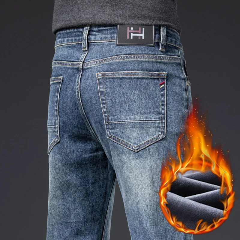 

Флисовые мужские классические джинсы, зимние модные толстые теплые узкие эластичные прямые джинсовые брюки в стиле ретро, изысканные мужские мягкие потертые брюки