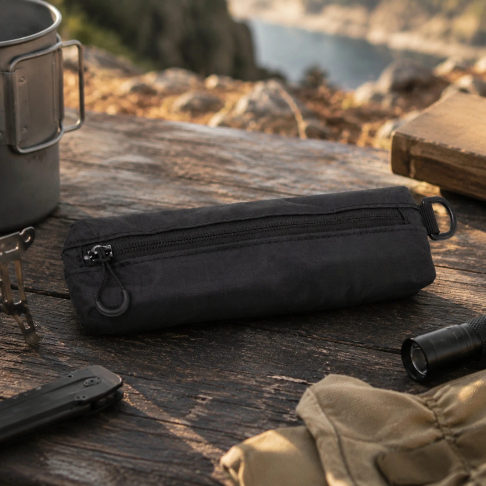 Black Cylindrical Gear Pouch with Attachment Loop Multi-Use Slim Outdoor Storage Pouch Bag Quick Access for Hiking, Travel