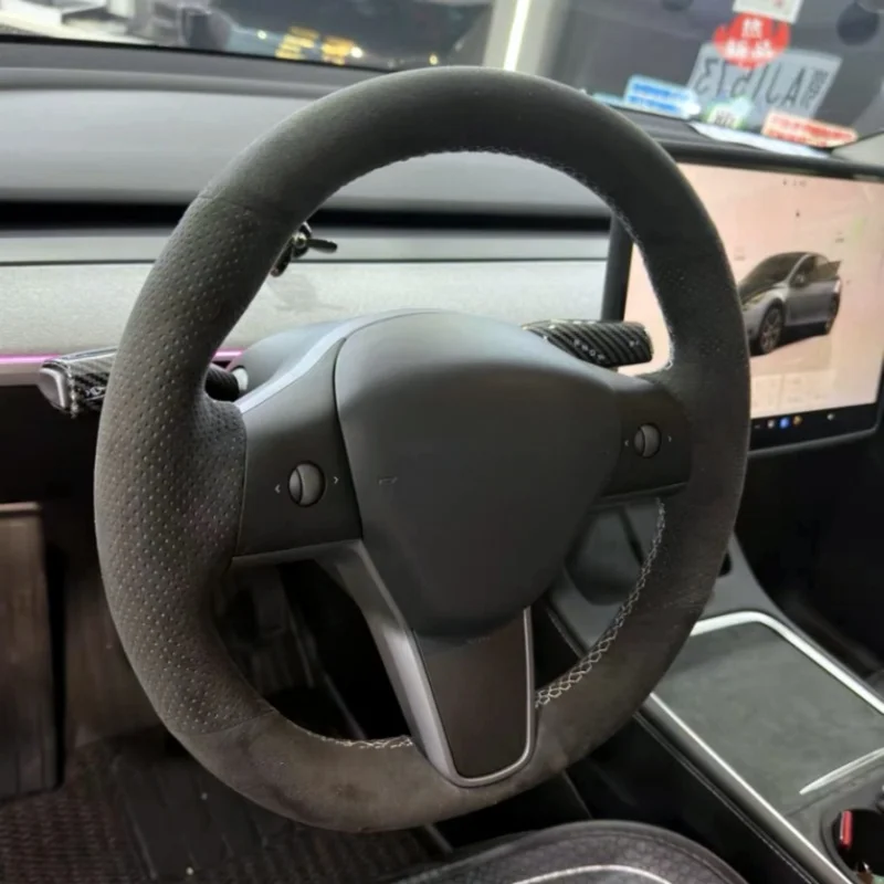 Car Steering Wheel Cover Suede Leather Breathable For Tesla Model 3 2015-2021 Model Y 2019-2021 Steering Wheel Braiding Cover