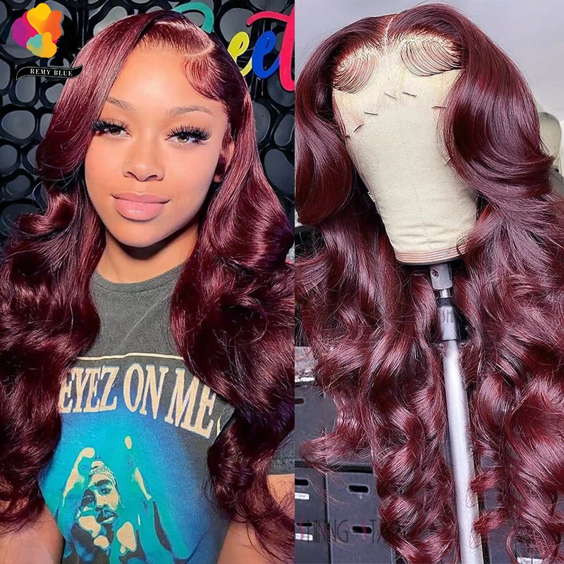 

13x6 Burgundy Body Wave Lace Front Human Hair Wig Transparent Lace Frontal Wigs for Women Colored Red 99J Human Hair Lace Wigs