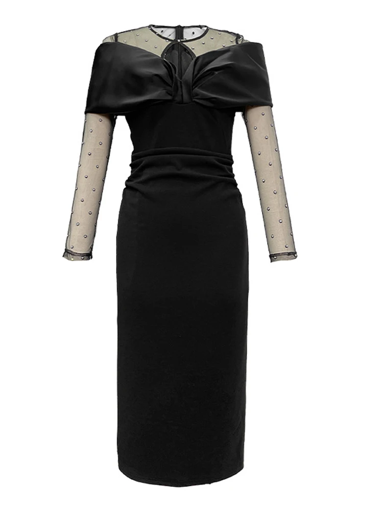 فستان سهرة نسائي عالي الجودة لربيع وخريف من الساتان الأسود الشفاف المثير المجوف النحيف للحفلات الراقصة رداء عيد الميلاد Mujer Vestidos