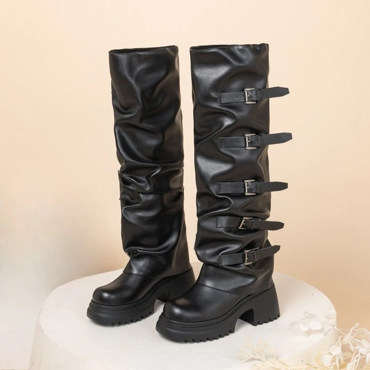 Nuevas botas negras con hebilla de cinturón de suela gruesa hasta la rodilla para mujer europea americana, tacón grueso de 7,5 cm, botas de moto para chicas calientes, talla 45