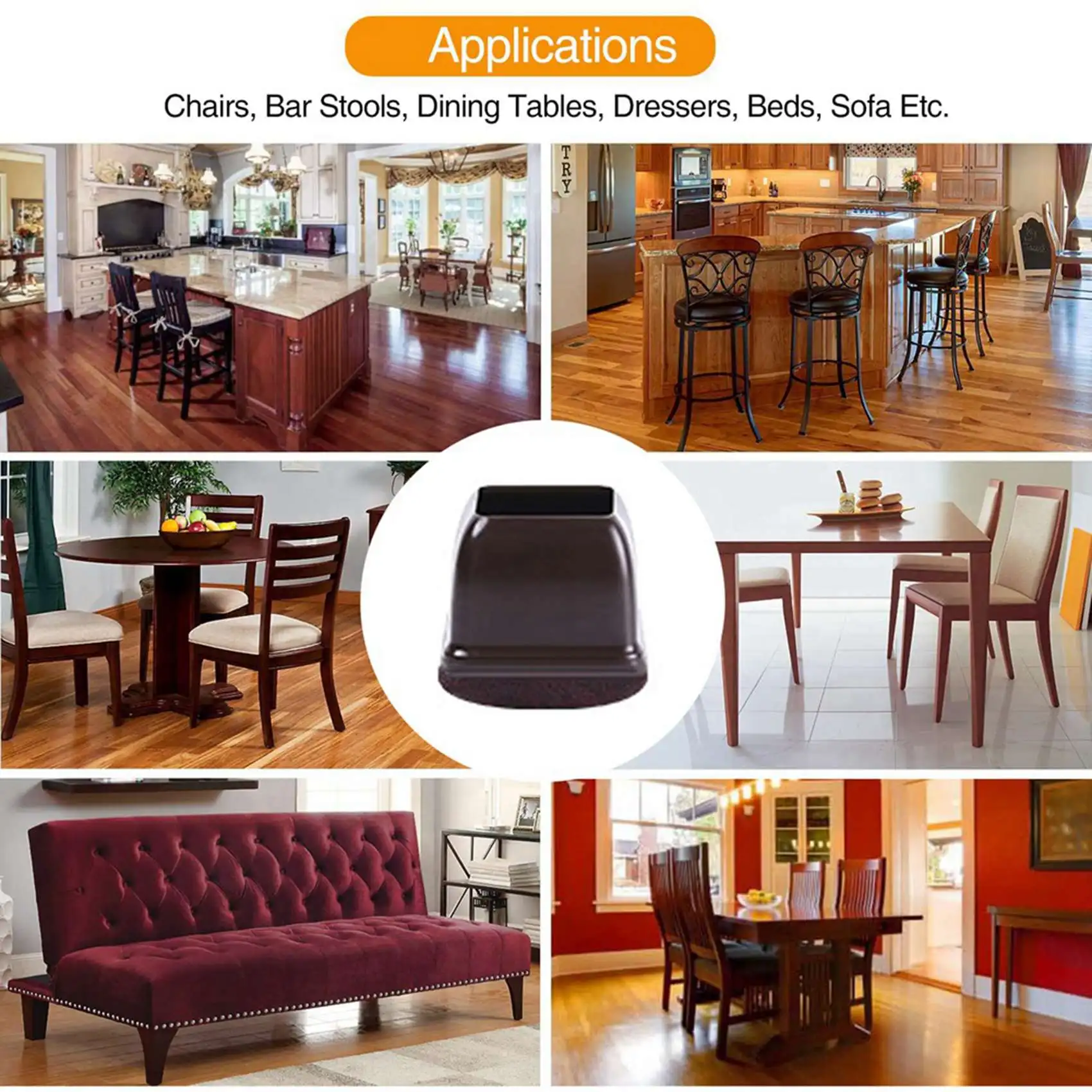 M11K-32 Pcs Brown Silicone Chair Leg Floor Protectors, Square Chair Leg Caps With Wrapped Felt, Fit: 0.55 Inch-0.75 Inch