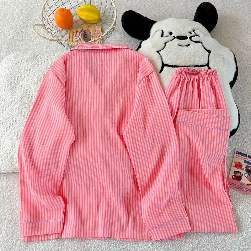 Autumn and Winter Two-Piece Women's Printed Pajamas, Long Sleeved Button Up Collar Top and Pants, Loose Casual Home Suit Set 2