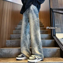 Jacquard Pattern Denim Pants Male Full Print Straight Tube Loose Jeans High Street For Men Wide Leg Casual Pants Yellow mud