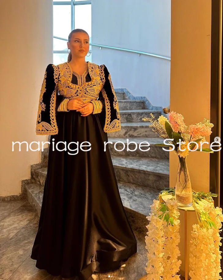 Black Velvet Two Pieces Morocaa Caftan Prom Dresses Gold Applique Traditional Kosovo Albanian Caftan Mariee Evening Gown 2025