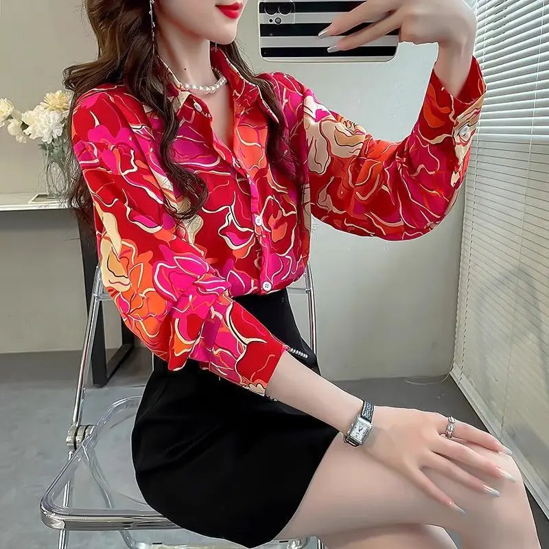 Red Printed Shirt Women's Spring Autumn Long Sleeved Blouse Chiffon Fashionable Temperament Top