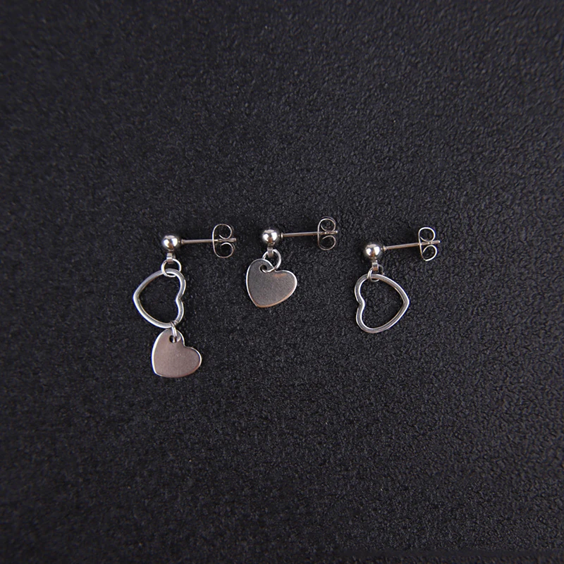 WKOUD Punk Heart Pendant Double Pierced Ears Stud Earring Ear Piercing Stainless Steel Tragus Lobe Daith Conch Helix Jewelry