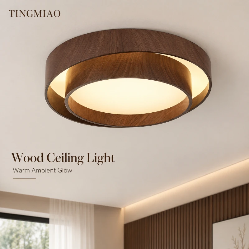 2026 Nordic Walnut Wood LED Ceiling Chandelier for Living Dining Room Balcony Bedroom Lamp Home Decor Indoor Lighting Fixture