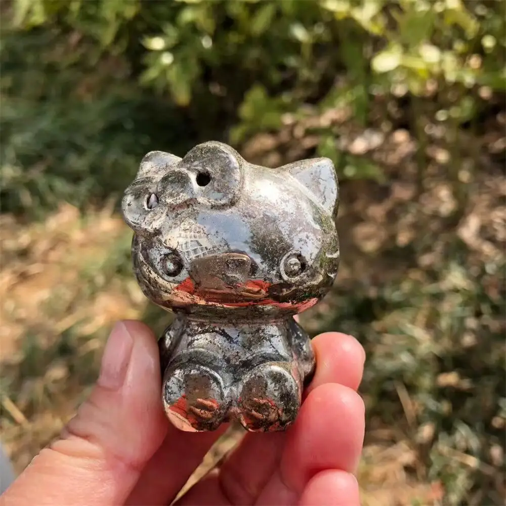 Natural Pyrite Sanrio Hello Kitty KT Cat Carving Polished Healing Figurine Home Decor Craft Gift