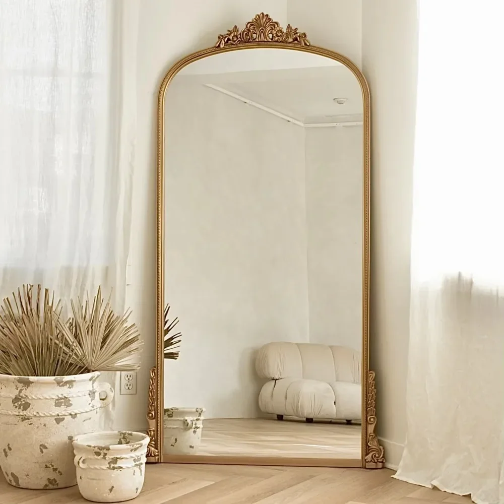 Baroque Floor Mirror Ornate Flower Crest Full Length French Style Leaner Victorian Decorative Dressing Room Home Decor