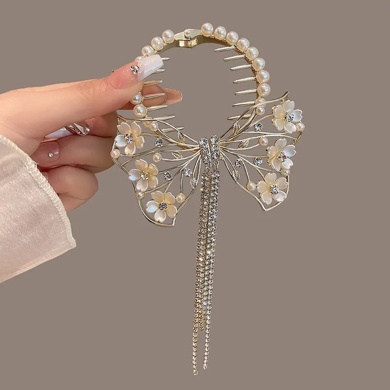 1Pcs Fashion Crystal Flower Tassel Pearl Hair Claws For Women Girls Female Party Ponytail Headwear Hair Accessories